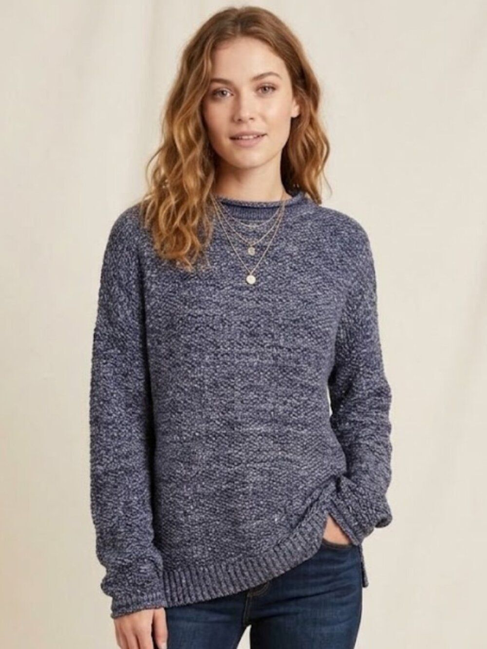 Blue White Marled Linen Knit Roll Neck Pullover Sweater XL Quiet Luxury Preppy